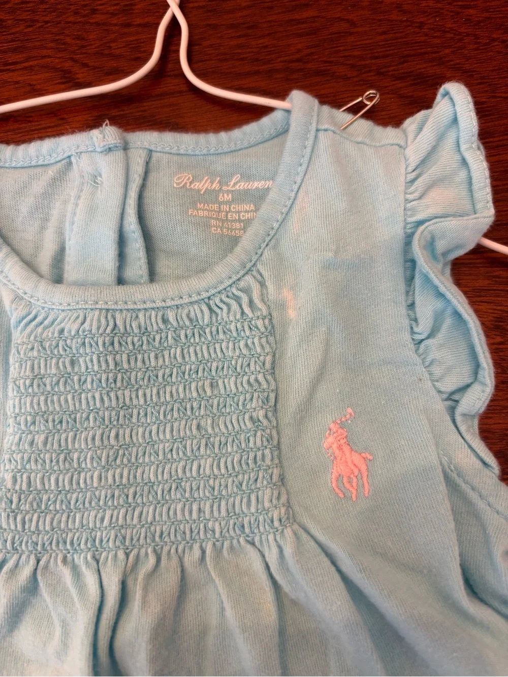 Ralph Lauren Light Blue Ruffle Baby Romper Bubble with Pink Pony